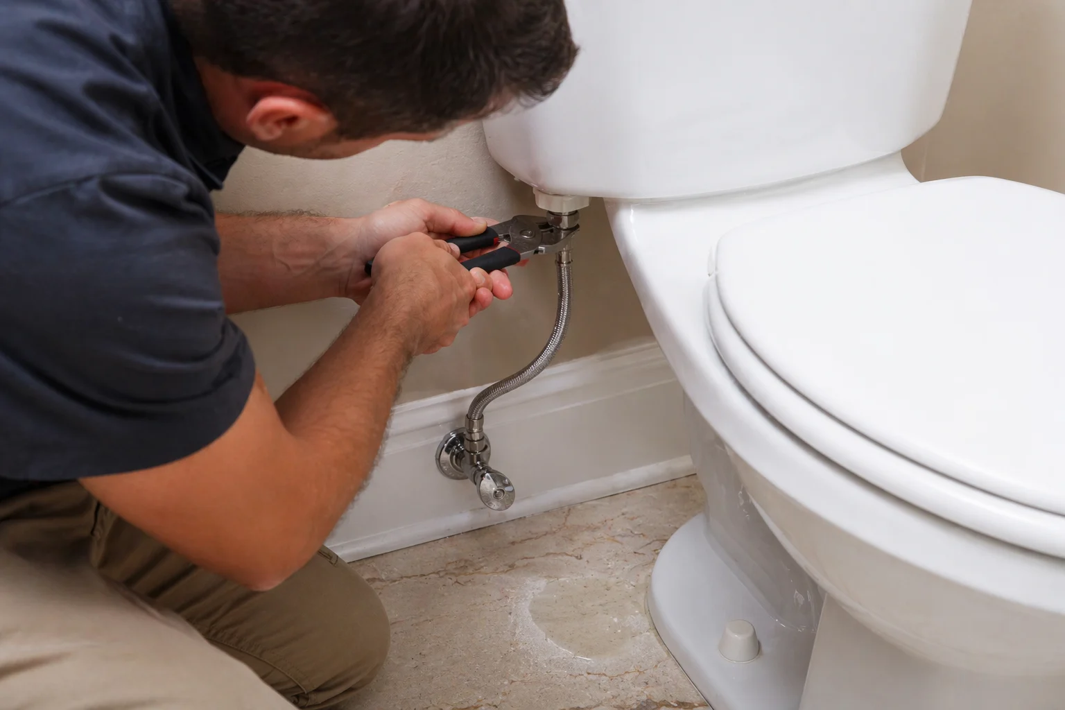 Licensed plumber repairing a toilet in Essex